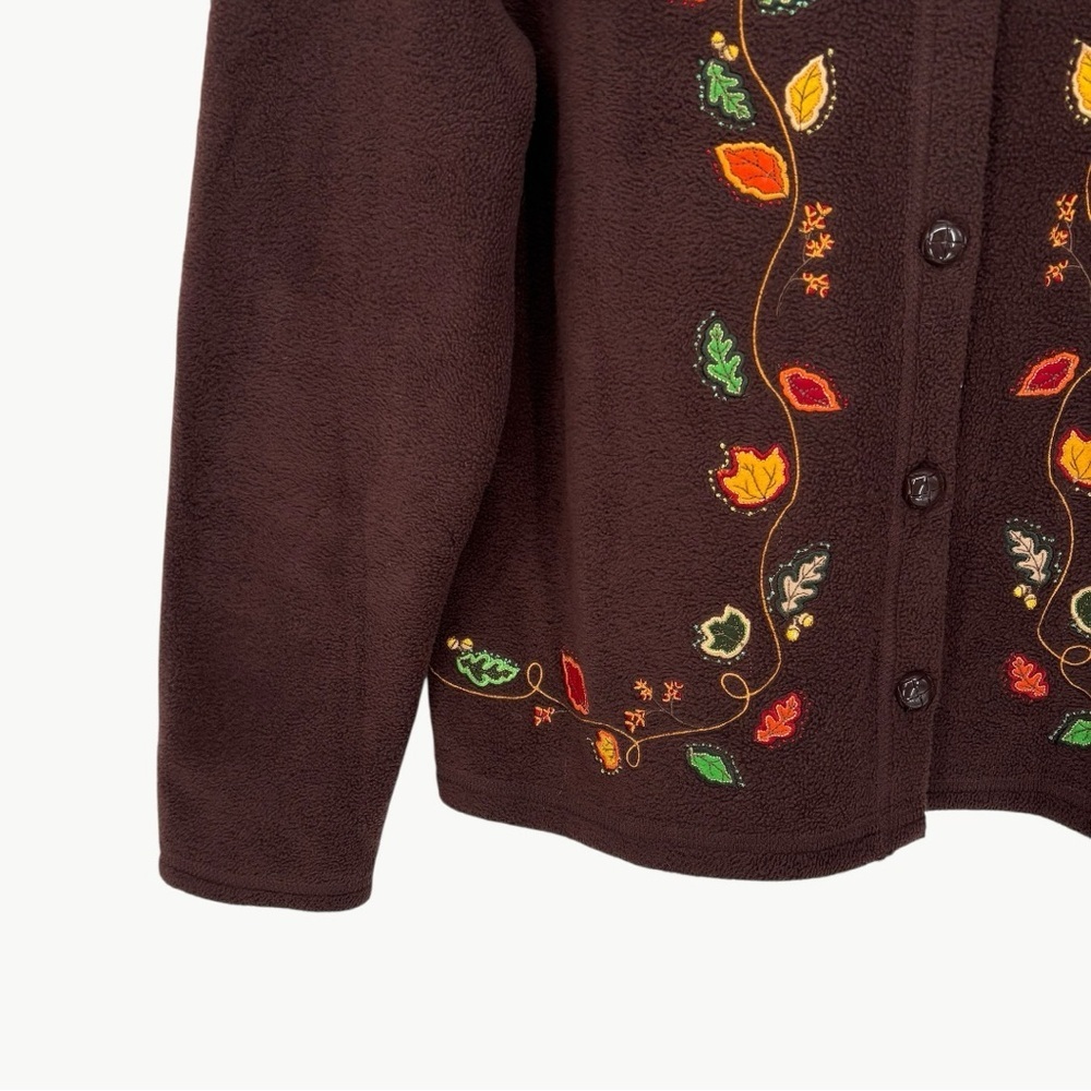 Vintage Maggie Embroidered Fleece Cardigan Size Large Brown 90s Cottagecore - Picture 6 of 9
